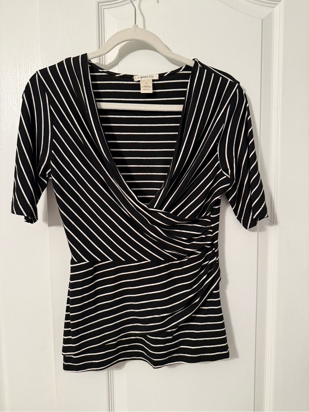 Harold's Black & White Striped Wrap-Front Top